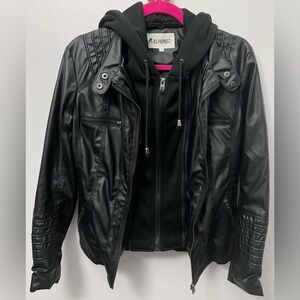 Blivener Black Faux Leather Women's Jacket with Detachable Hood